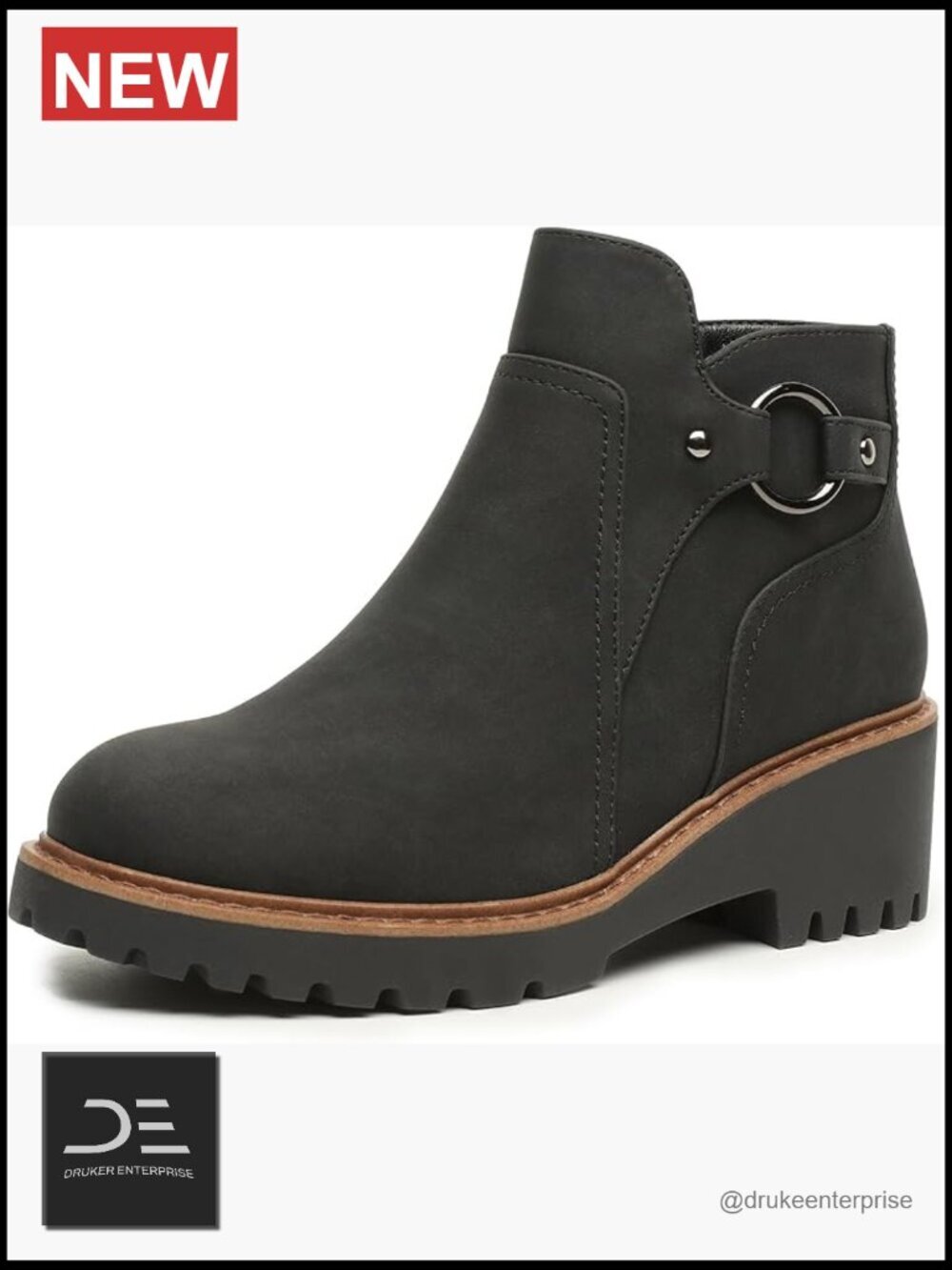 Chunky Low Heel Ankle Booties with Side Zipper, PU, Water Resistant